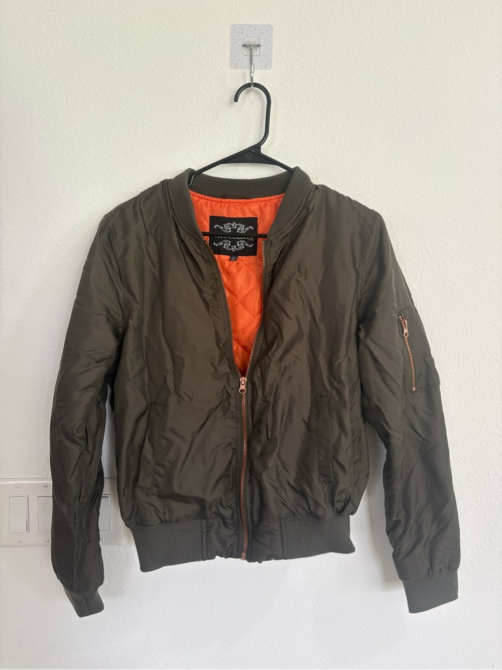 Olive Green Bomber Jacket with Orange Lining by Chocolate